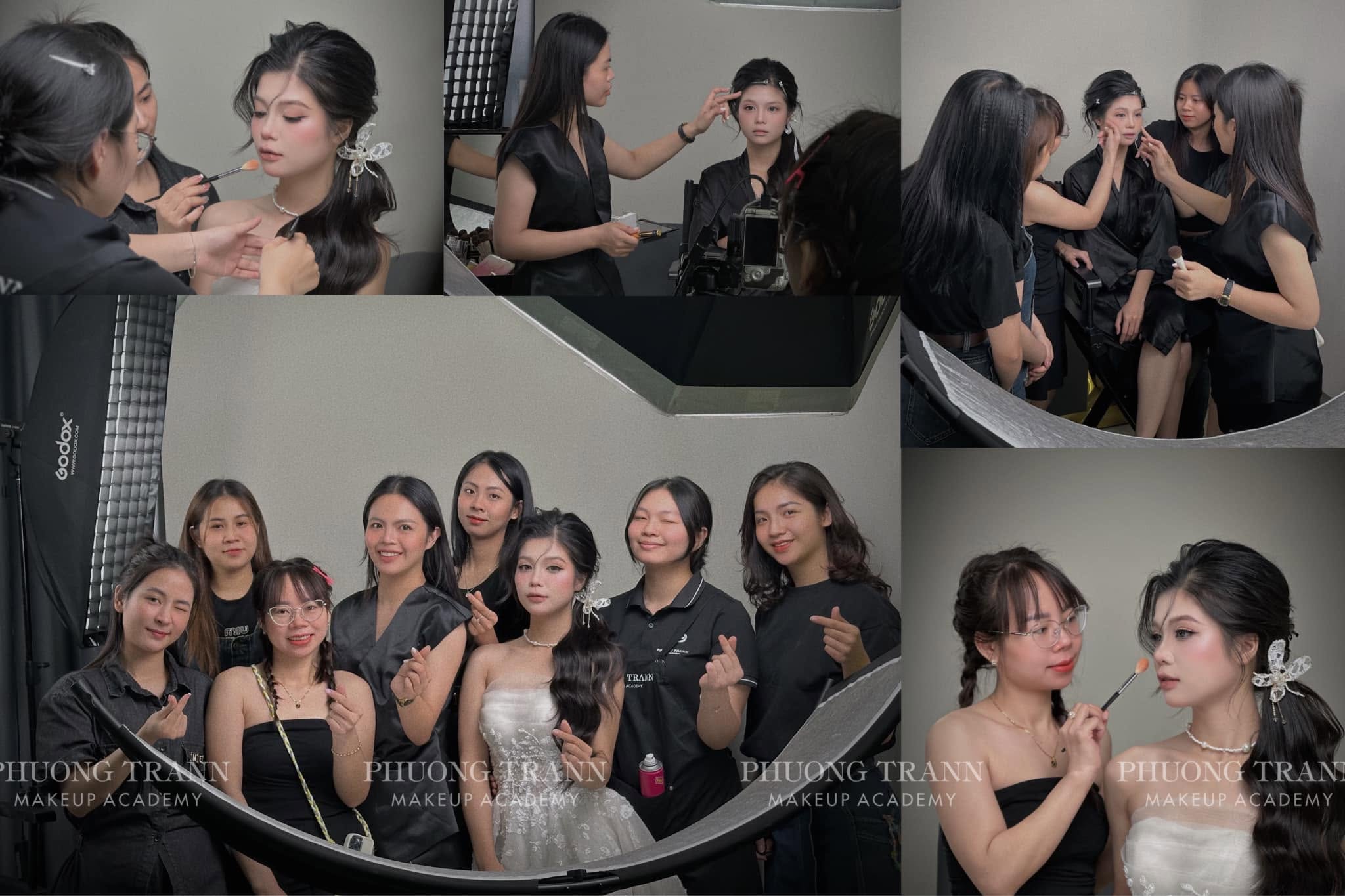 Ê-kíp học viên makeup cho cô dâu trong buổi chụp